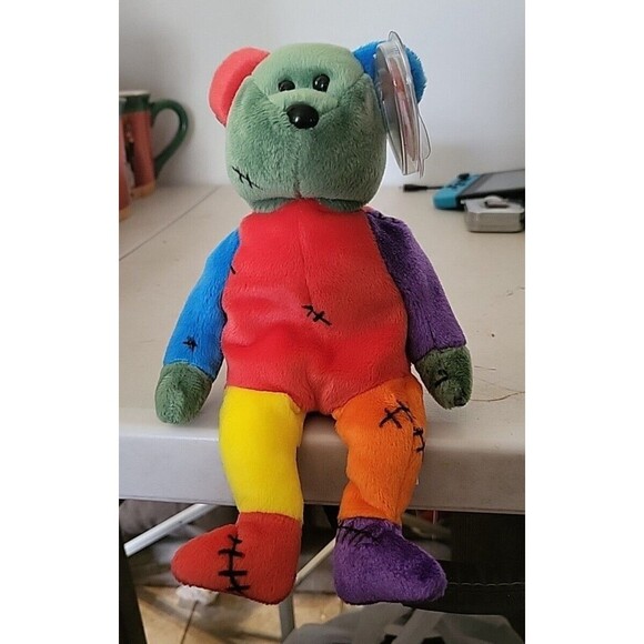 TY Beanie Babies 2001 Frankenteddy Rare Tag W/CASE RED PURPLE FEET COMBO - Picture 4 of 5